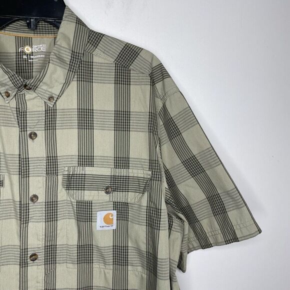 CARHARTT Force Ridgefield Shirt Men XL Olive Green Plaid Button Down Relaxed Fit - Picture 2 of 11